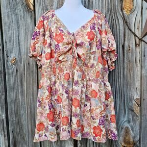 Torrid Babydoll Top Plus Size 4X Floral Print Eyelet Smocked Corset Puff Sleeve
